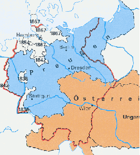 1833/1834 entsteht der Deutsche Zollverein unter preußischer Führung